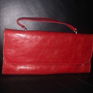 Red leather clutch.